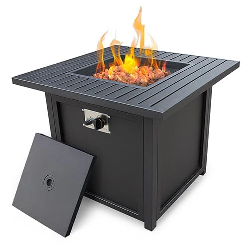 SEGMART Square Propane Fire Pit Table, Outdoor Gas Fire Pit Table with Lava Rocks and Lid, Gas Heater for Bonfire Patio Garden Backyard, 28-Inch 50,000 BTU Auto-Ignition Fire Table, CSA Certification