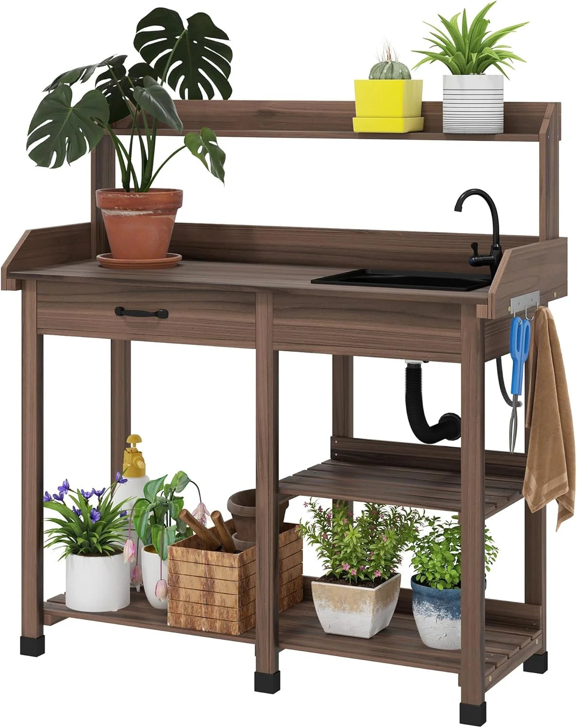 SSyao Potting Bench Table, Outdoor Wooden Garden Workstation with Removable Sink, Faucet, Storage Drawer, Shelves & Tool Hooks, Gardening Table for Patio, Backyard, Greenhouse, Planting Tasks,Gray
