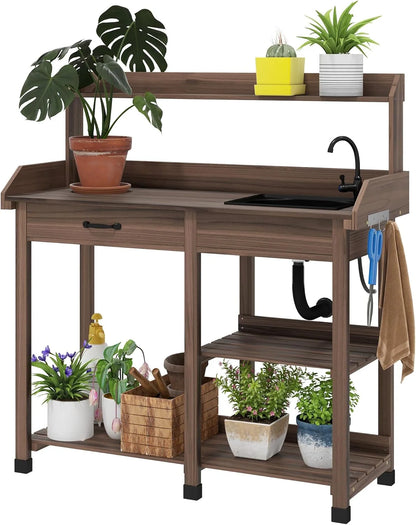 SSyao Potting Bench Table, Outdoor Wooden Garden Workstation with Removable Sink, Faucet, Storage Drawer, Shelves & Tool Hooks, Gardening Table for Patio, Backyard, Greenhouse, Planting Tasks,Gray