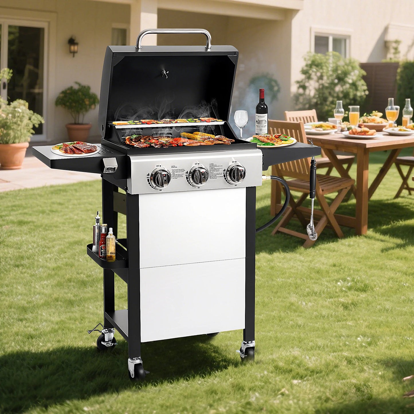 Segmart 3 Burner BBQ Propane Gas Grill, Stainless Steel 30,000 BTU Patio Garden Barbecue Grill with Folding Side Tables, Hanging Basket & Thermometer, Perfect for Camping, Outdoor Cooking
