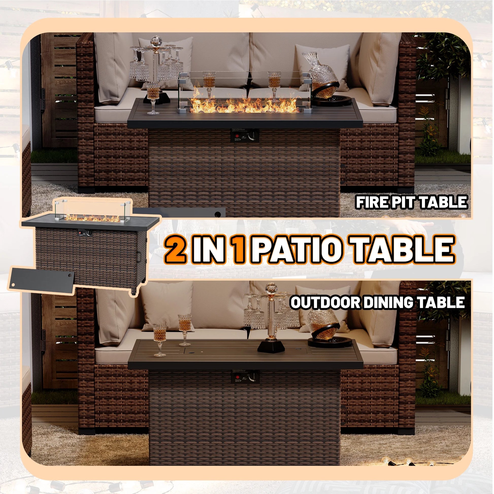 44 Inch Outdoor Wicker Fire Pit Table, 50000 BTU Propane Fire Pits with Glass Wind Guard and Lid, Patio Gas Fire Pit for Outside Patio and Garden(Brown)
