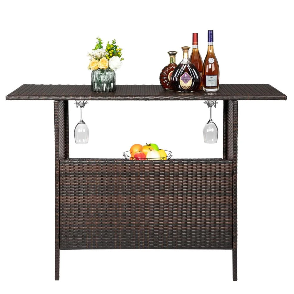 Zimtown Outdoor Wicker Bar Table with 2 Steel Shelves Brown, Patio Bar Table for Storage Function with 2 Tiers