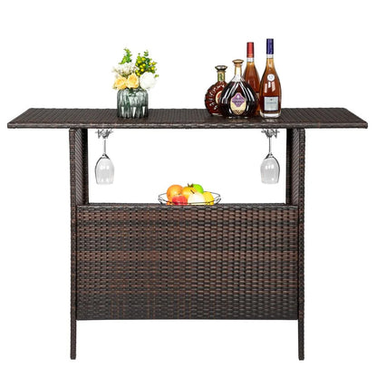 Zimtown Outdoor Wicker Bar Table with 2 Steel Shelves Brown, Patio Bar Table for Storage Function with 2 Tiers