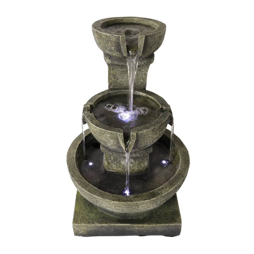 Willwolf 3-Tiered Water Fountain with Flat Bottom,Outdoor Fountain with LED Lights,Modern Fountain for Garden Porch and Patio,Resin Waterfall Fountain