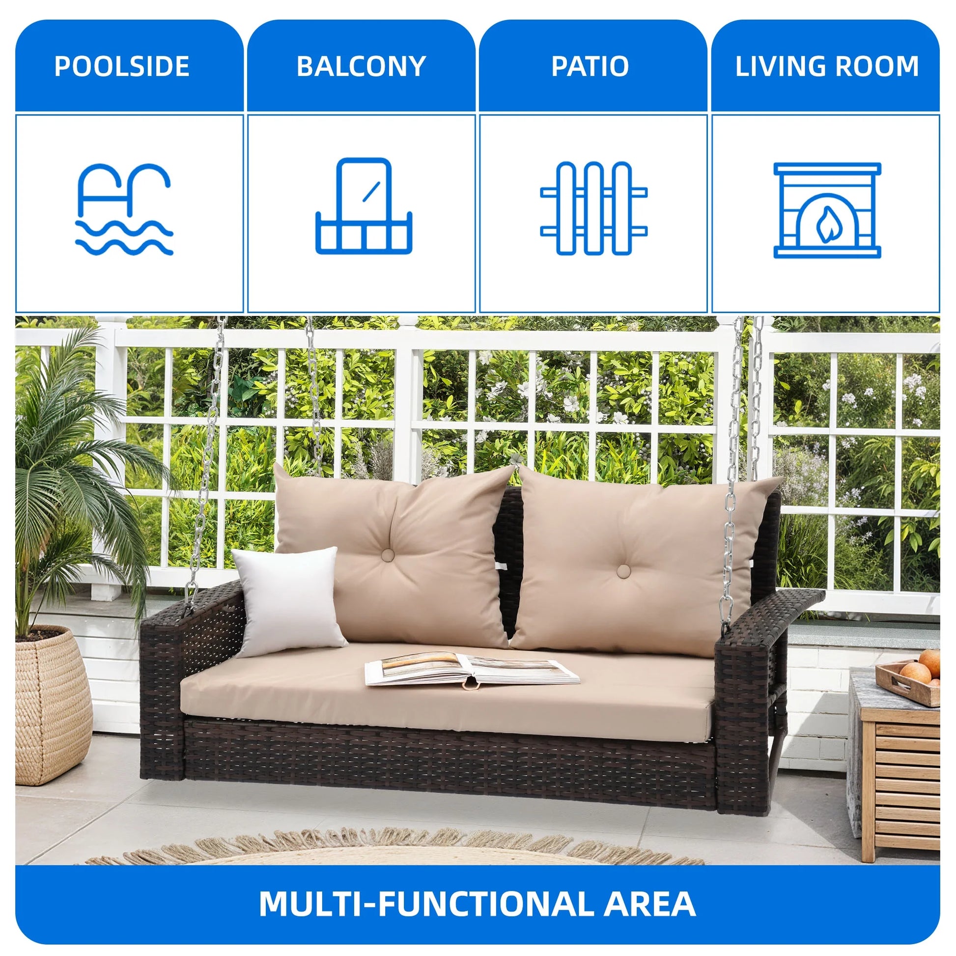 Dextrus 2-Seats Wicker Hanging Porch Swing Chair Outdoor Black Rattan Patio Swing Lounge w/2 Back Cushions Capacity 770lbs for Garden, Balcony, Living Room, Beige