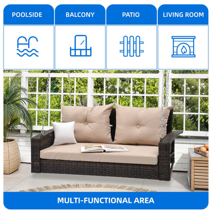 Dextrus 2-Seats Wicker Hanging Porch Swing Chair Outdoor Black Rattan Patio Swing Lounge w/2 Back Cushions Capacity 770lbs for Garden, Balcony, Living Room, Beige