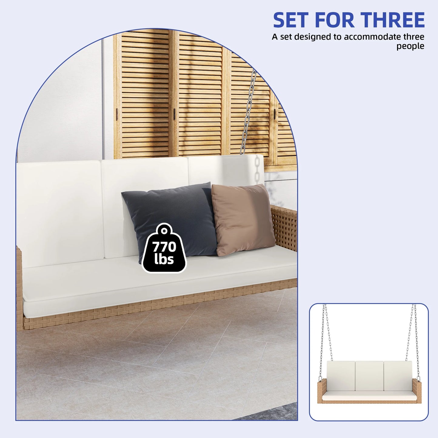 ModFusion 3-Seater Patio Rattan Porch Swing Chair Bench with Chains, Heavy Duty 880lbs, Beige