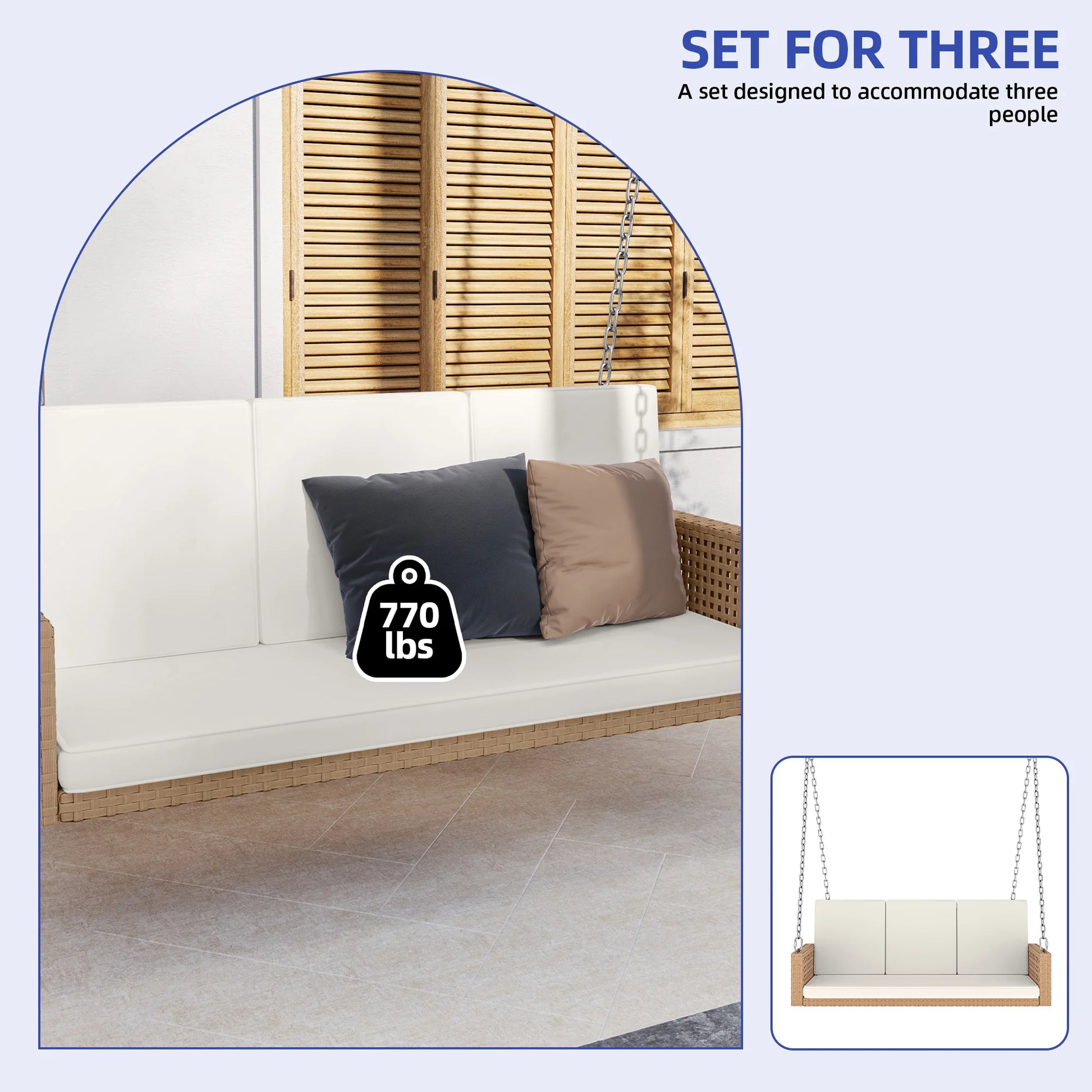 ModFusion 3-Seater Patio Rattan Porch Swing Chair Bench with Chains, Heavy Duty 880lbs, Beige