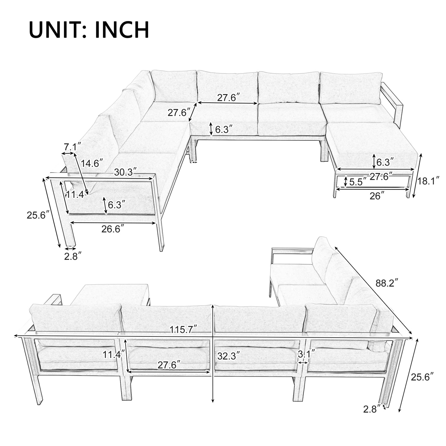 Furvclv 115.7in Modern Outdoor Sectional Sofa, 6 Seater Patio Conversation Couch Sets, U-Shaped Chaise Lounge Couch, Convertible Sofa Set For Outdoor Garden Porch