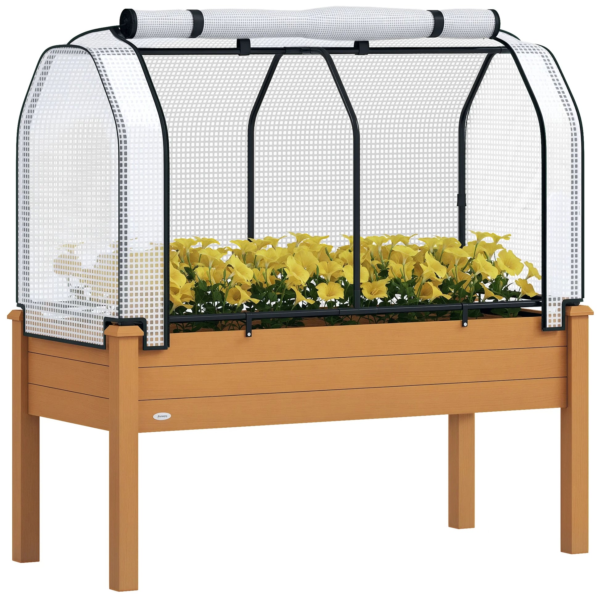 Outsunny Raised Garden Bed with PE Greenhouse Cover Outdoor Elevated Wood Planter Box for Herbs, Vegetables, for Patio, Backyard, Balcony, Brown
