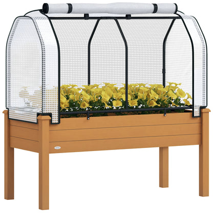 Outsunny Raised Garden Bed with PE Greenhouse Cover Outdoor Elevated Wood Planter Box for Herbs, Vegetables, for Patio, Backyard, Balcony, Brown