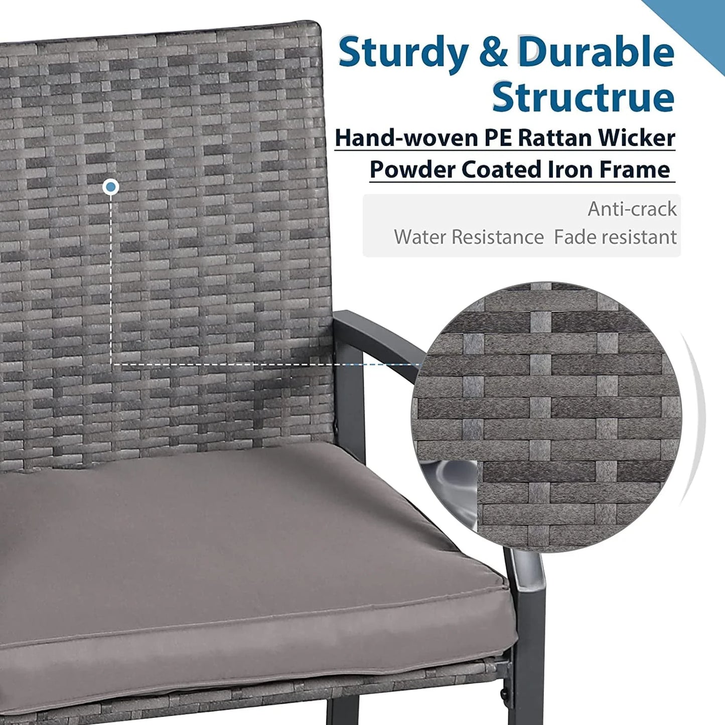 Patio Bar Set, 3 Piece Outdoor Wicker Bistro Set, All-weather Rattan Height Bar Stools with Cushions, Wood Top Bar Height Table Bistro Bar Set for 2 people, for Backyard, Patio, Pool, Garden