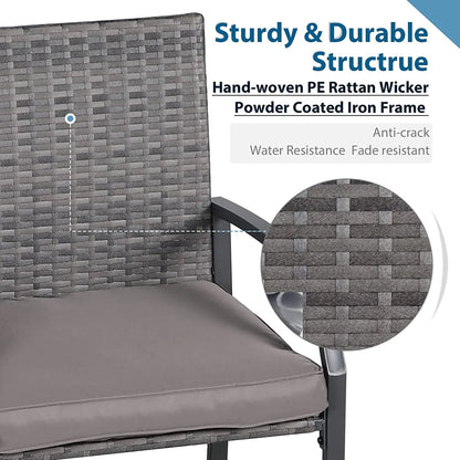Patio Bar Set, 3 Piece Outdoor Wicker Bistro Set, All-weather Rattan Height Bar Stools with Cushions, Wood Top Bar Height Table Bistro Bar Set for 2 people, for Backyard, Patio, Pool, Garden