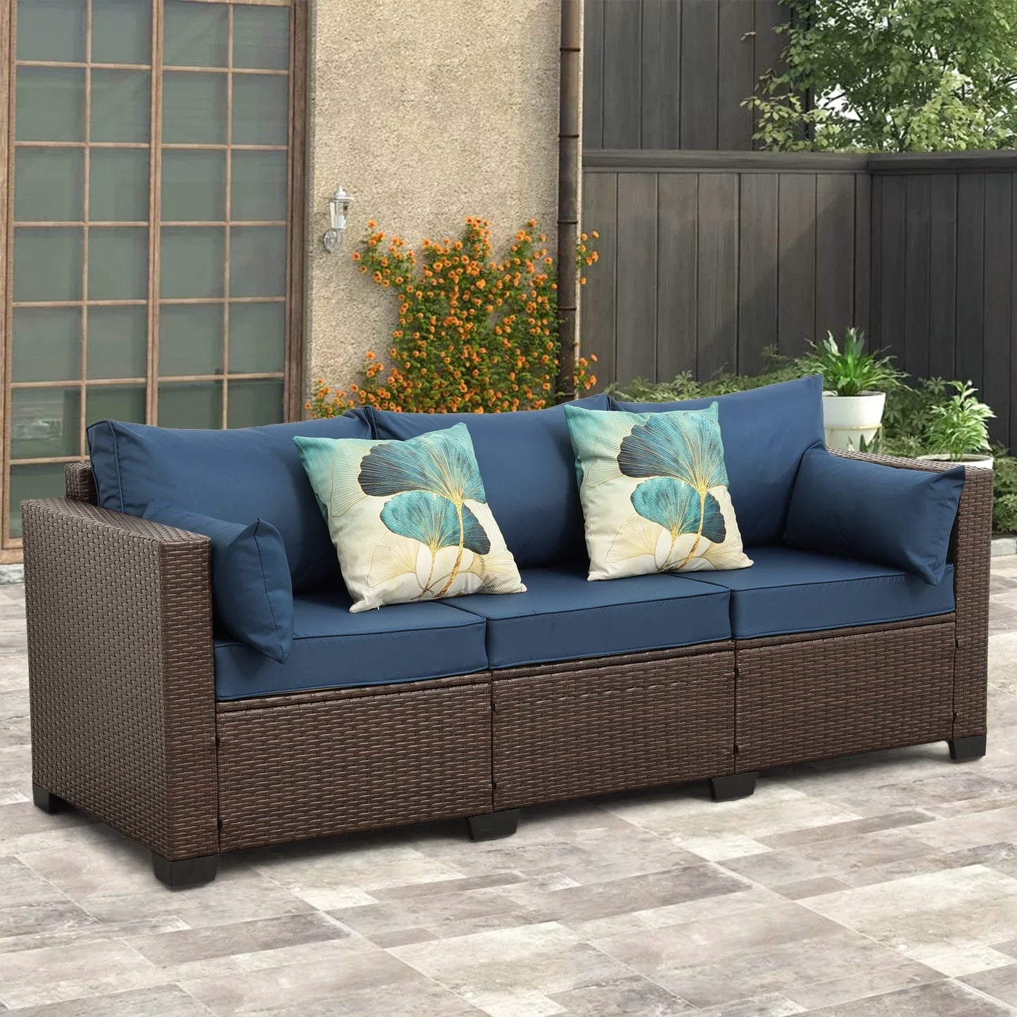 3-Seat Patio Wicker Sofa Outdoor Rattan Couch Furniture Steel Frame with High Back NO-Slip Cushioned, Blue