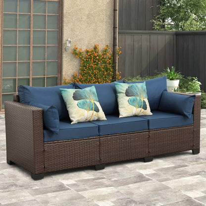 3-Seat Patio Wicker Sofa Outdoor Rattan Couch Furniture Steel Frame with High Back NO-Slip Cushioned, Blue