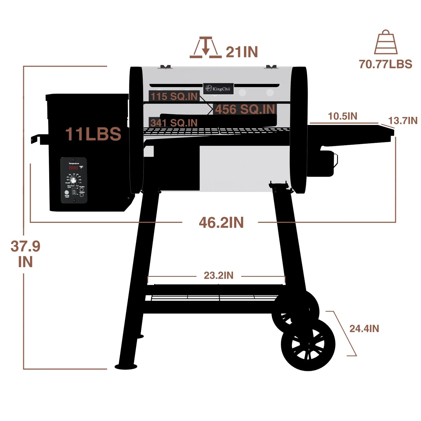 KingChii Pellet Grill Smoker with Side Shelf, 456 SQ.IN Grill with PID Temperature Control for Outdoor Cooking, BBQ Camping and Patio, Brown