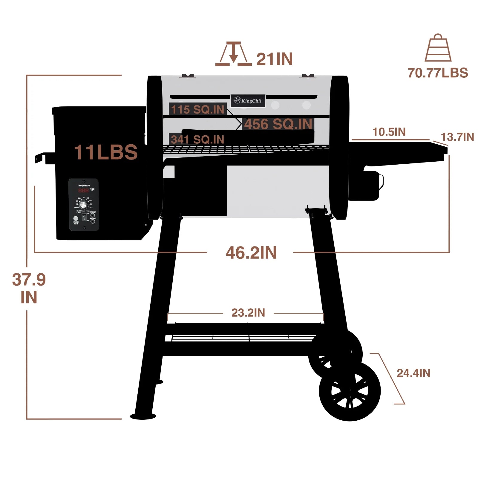 KingChii Pellet Grill Smoker with Side Shelf, 456 SQ.IN Grill with PID Temperature Control for Outdoor Cooking, BBQ Camping and Patio, Brown