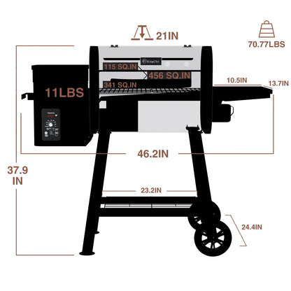 KingChii Pellet Grill Smoker with Side Shelf, 456 SQ.IN Grill with PID Temperature Control for Outdoor Cooking, BBQ Camping and Patio, Brown