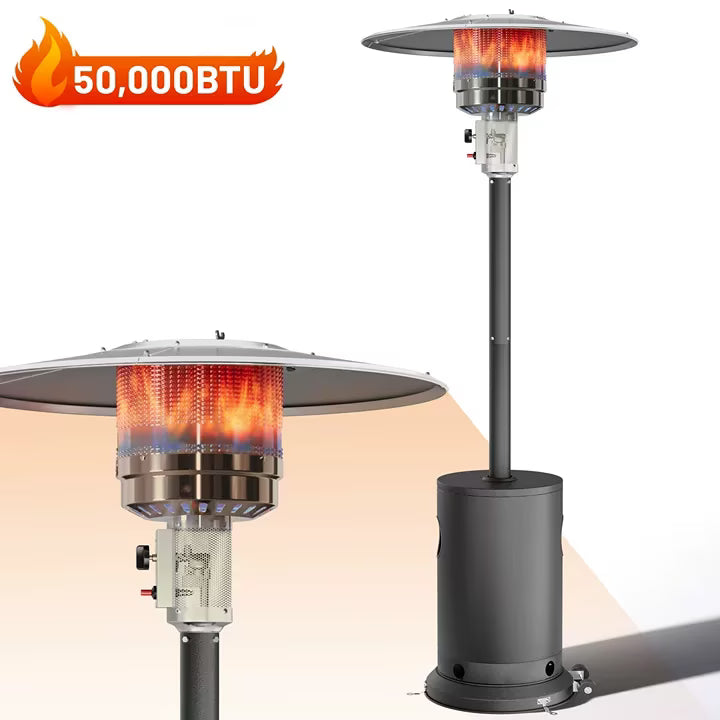 50000 BTU Propane Patio Heater with Overheating Protection System, Outdoor Heater with 20' Heating Radius and Wheels, Stainless Steel Flame Heater, Black