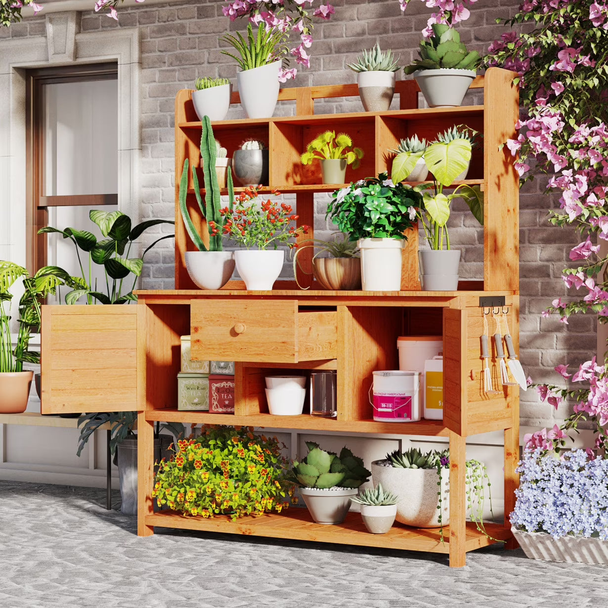 Garden Potting Bench Table with Hutch, Patio Storage Workstation with Adjustable Shelves, 1 Drawer, 2 Cabinets and 3 Side Hooks for Mudroom, Doorway, White