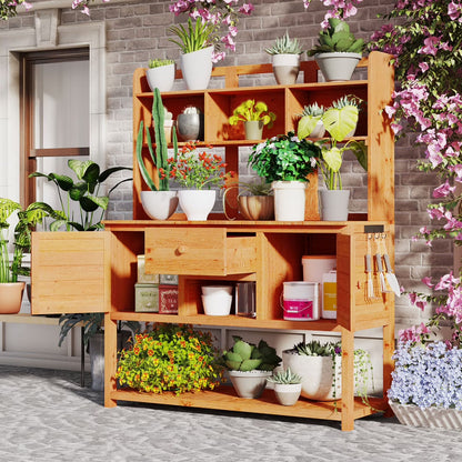 Garden Potting Bench Table with Hutch, Patio Storage Workstation with Adjustable Shelves, 1 Drawer, 2 Cabinets and 3 Side Hooks for Mudroom, Doorway, White