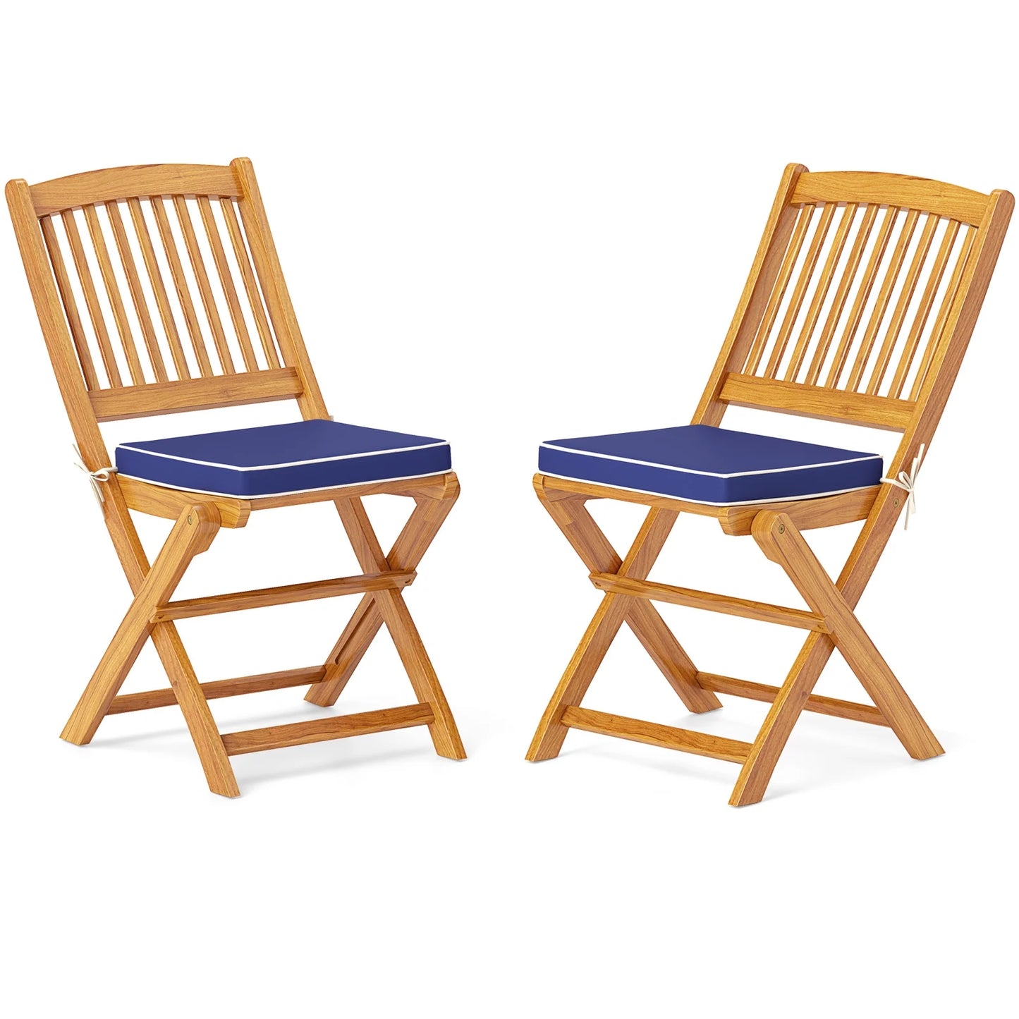 Topbuy Patio Folding Chair Set of 4 Portable Acacia Wood Dining Chairs with High Back & Seat Cushions Navy