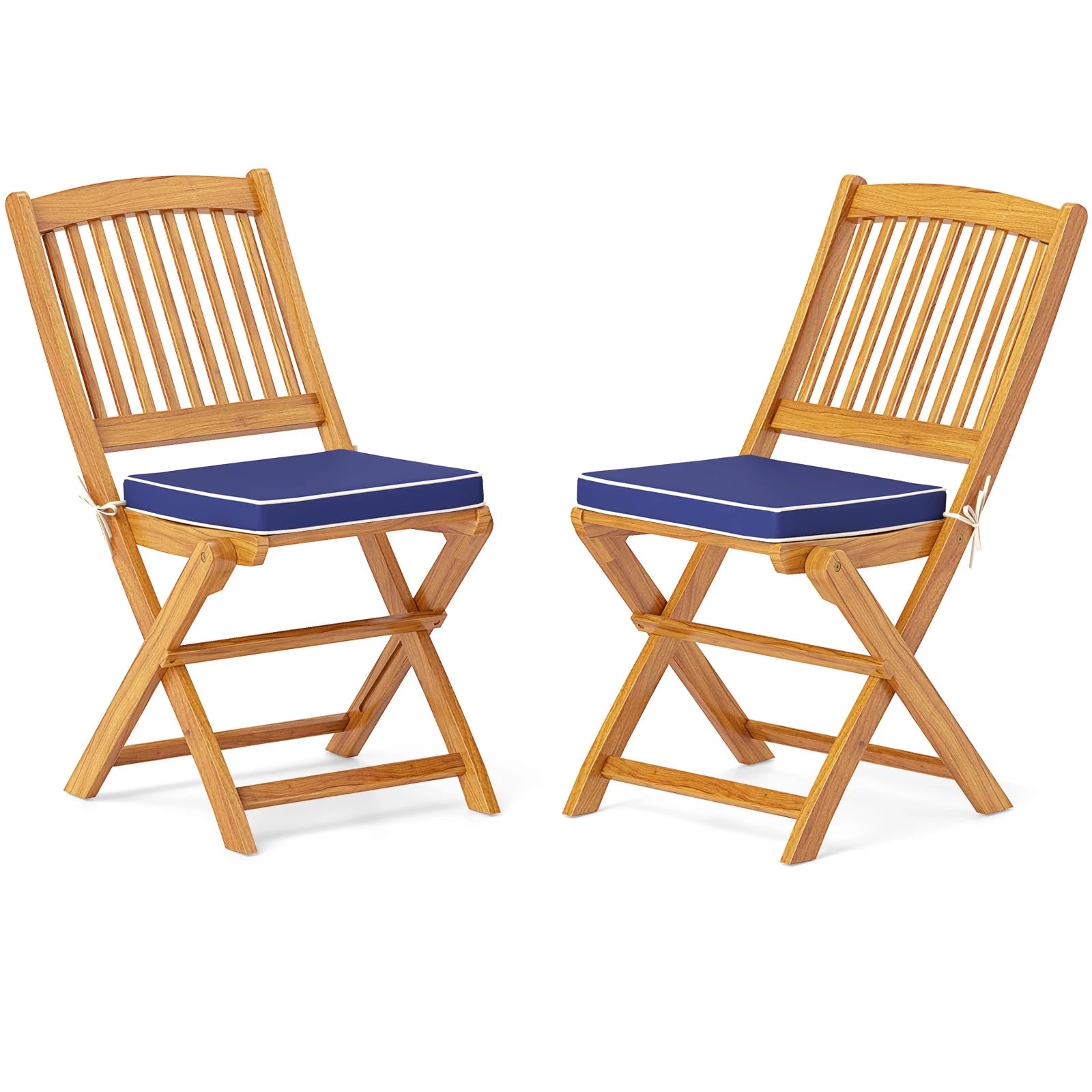 Topbuy Patio Folding Chair Set of 4 Portable Acacia Wood Dining Chairs with High Back & Seat Cushions Navy