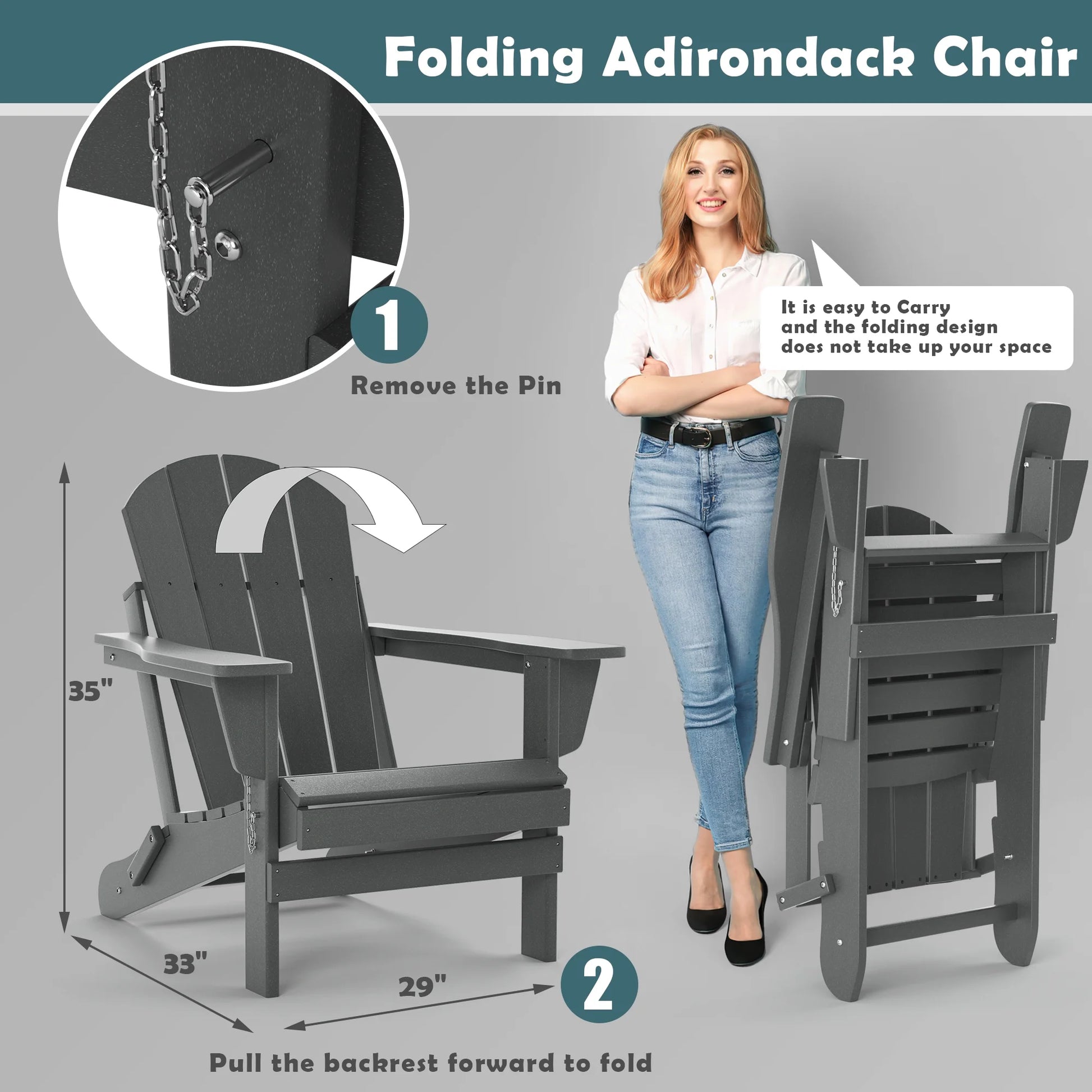 TORVA Folding Adirondack Chair, Fire Pit Chair,Patio Outdoor Chairs All-Weather Proof HDPE Resin for BBQ Beach Deck Garden Lawn Backyard, Black
