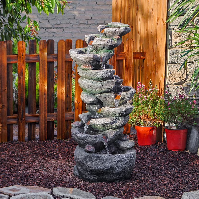 10-Tier Rock Waterfall Fountain - 39.76" Cascading LED Feature for Garden & Patio