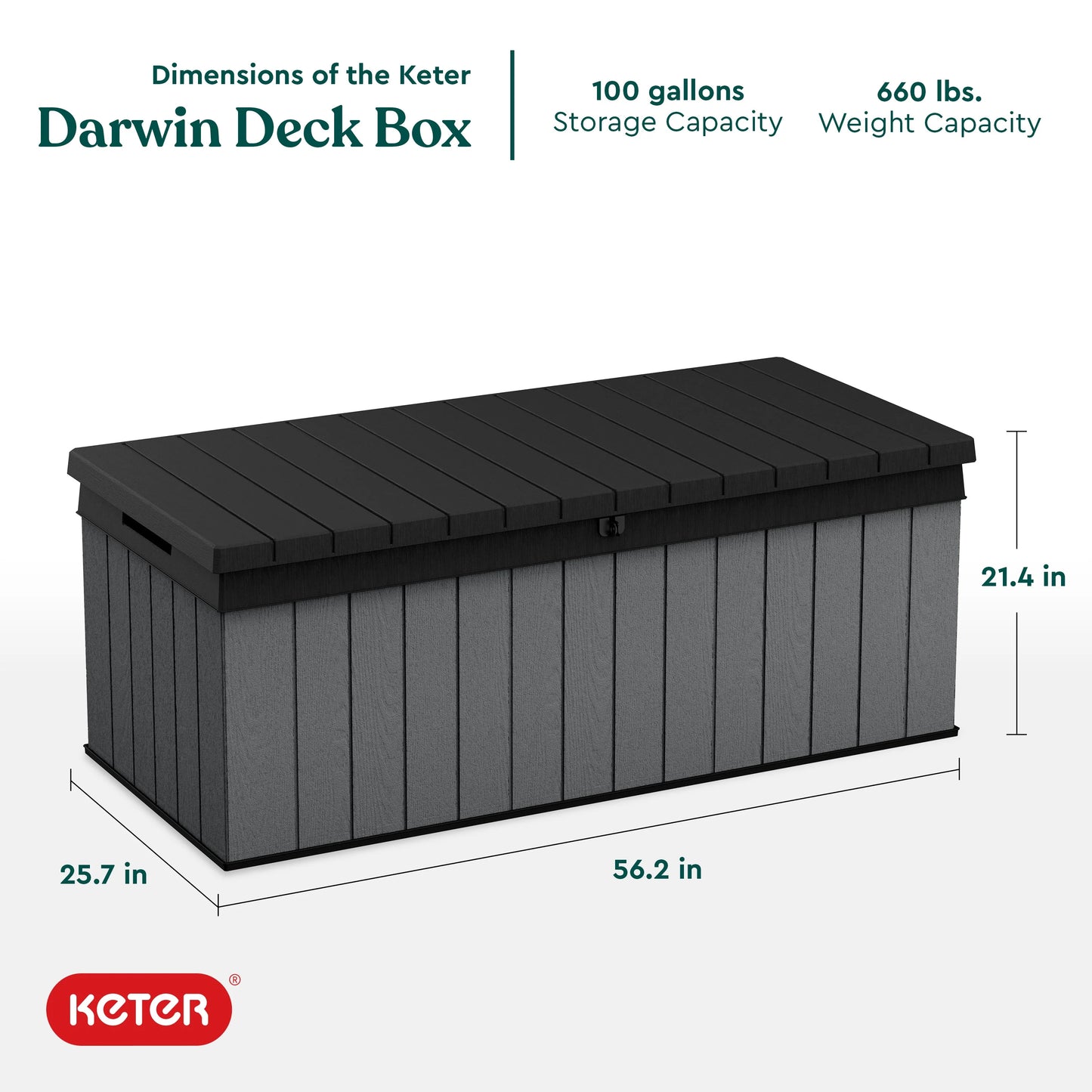 Keter Darwin 100 Gallon Large Resin Deck Box for Patio Outdoor Storage, Grey