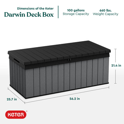 Keter Darwin 100 Gallon Large Resin Deck Box for Patio Outdoor Storage, Grey