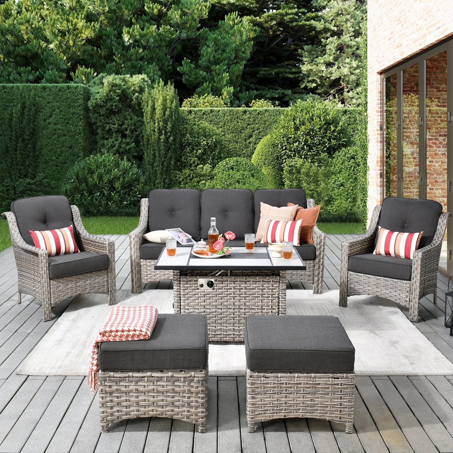 Vcatnet 6 Pieces Outdoor Patio Furniture All Weather Wicker High-Back Conversation Set with Fire Pit Table and Ottoman,Diamond Blue