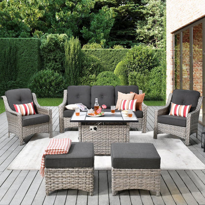 Vcatnet 6 Pieces Outdoor Patio Furniture All Weather Wicker High-Back Conversation Set with Fire Pit Table and Ottoman,Diamond Blue