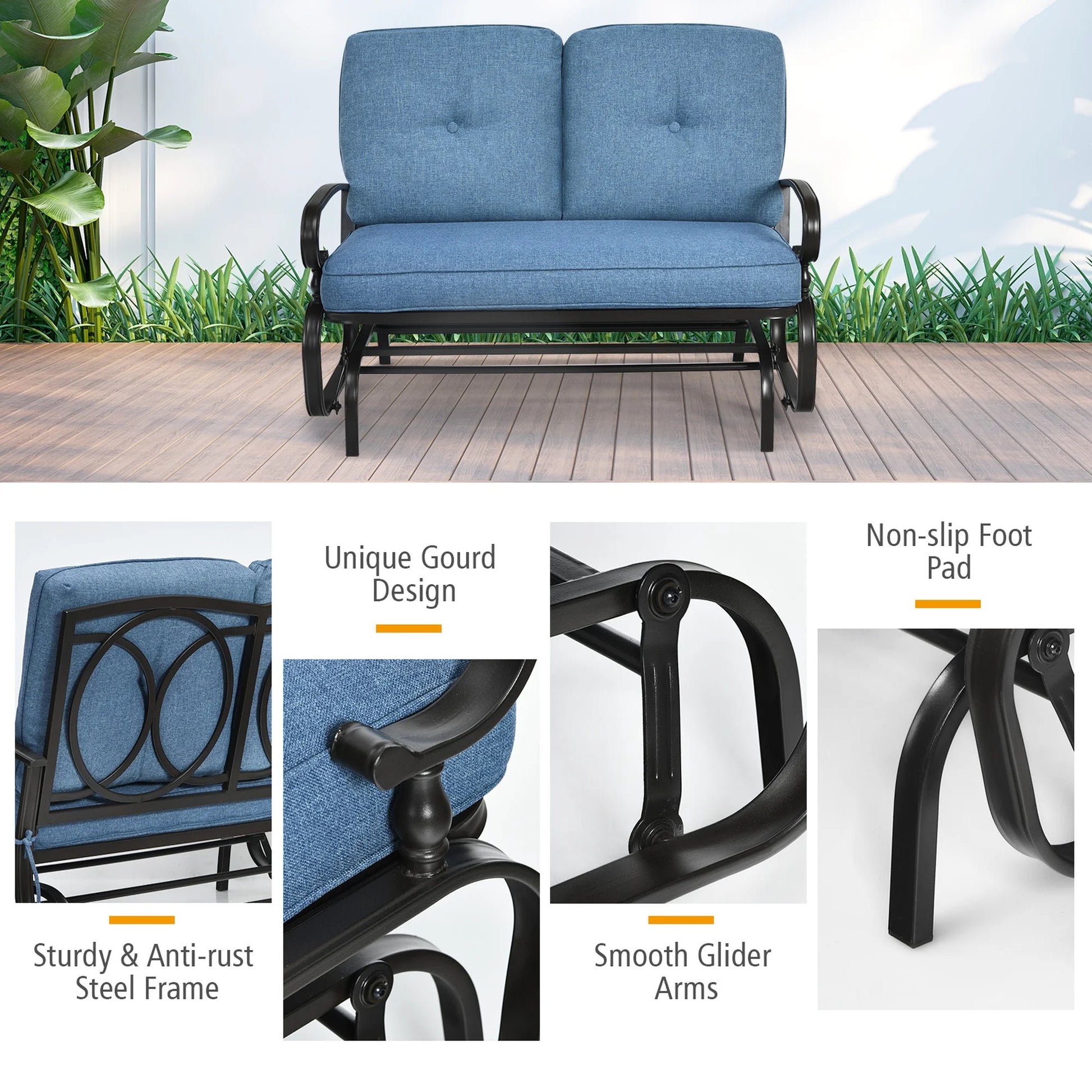 Costway Glider Outdoor Patio Rocking Bench Loveseat Cushioned Seat Steel Frame Blue