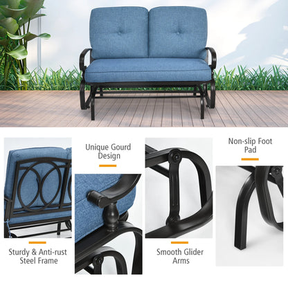 Costway Glider Outdoor Patio Rocking Bench Loveseat Cushioned Seat Steel Frame Blue