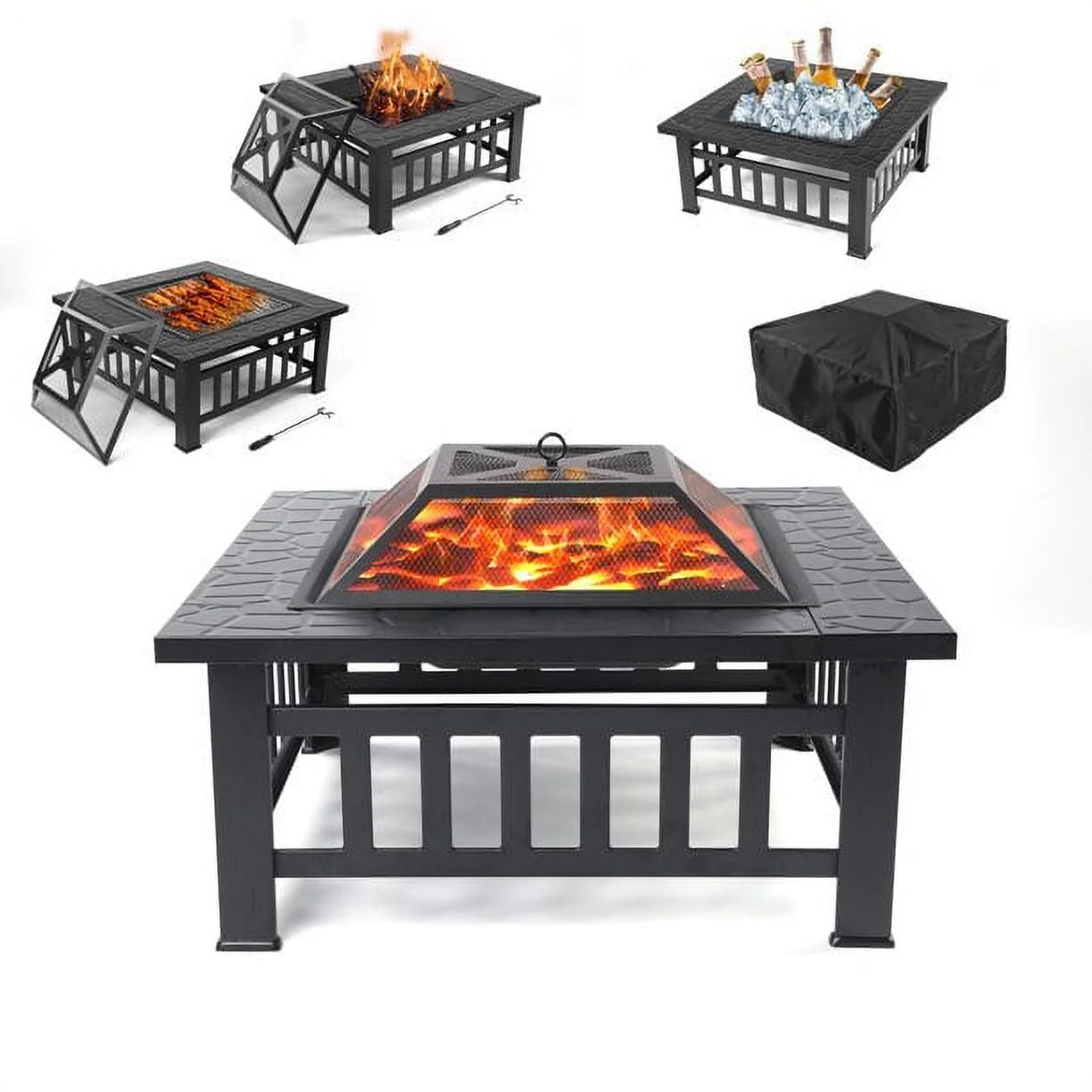 Fire Pits for Outside, DFITO 32" Wood Burning Fire Pit Tables with Screen Lid, Poker, Outdoor Fire Pit Patio Set, Patio Garden Stove Fire Pit/Ice Pit/BBQ Fire Pit, Black, GJ131