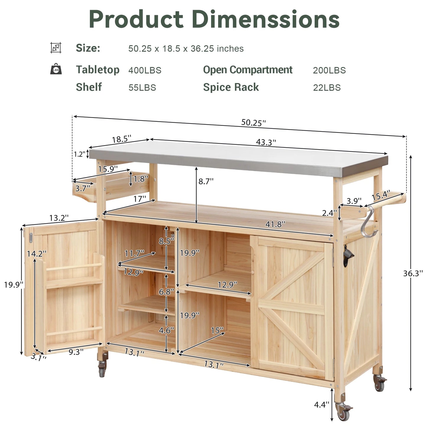 Bellemave Outdoor Serving Cart Kitchen Island Solid Wood Mobile Rolling Bar Cart with Lockable Wheels, Rack and Stainless Steel Top Beverage Storage Counter Table with Cabinet for Patio, Natural