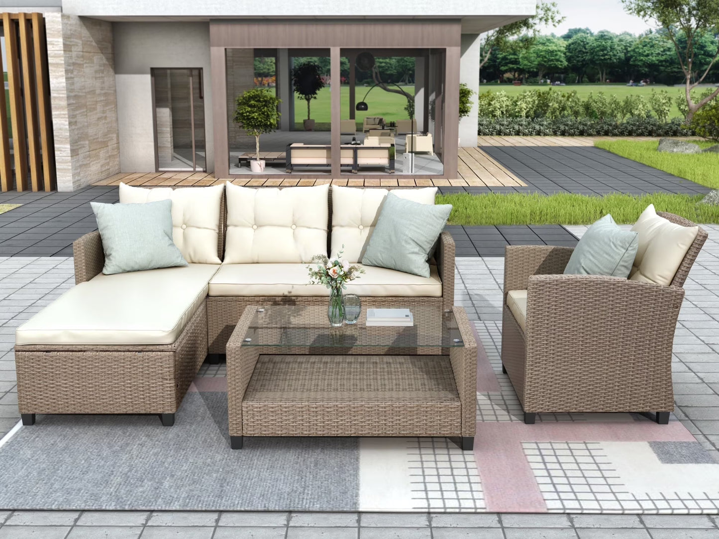 4-Piece Patio Conversation Sets, 2025 Upgrade All-Weather Wicker Patio Furniture Set w/Seat Cushions & Tempered Glass Coffee Table, Outdoor Patio Sets for Porch Poolside Backyard Garden, 705lbs