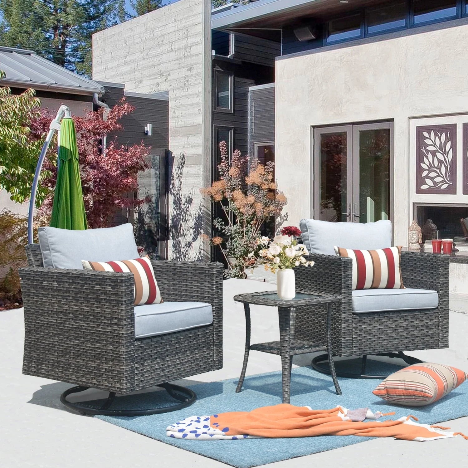 Ovios 3 Pieces Outdoor Furniture with 360° Swivel Rocker Chair Wicker Patio Bistro Set with Side Table