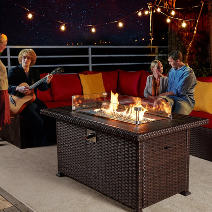 HOMREST Propane Fire Pit Table, 44 Inch 50,000 BTU Auto-Ignition Gas Fire Pit Table Rectangular/w Glass Wind Guard, Wood Plastic Composites Tabletop, CSA Certification Firepit for Outdoor Patio Lawn