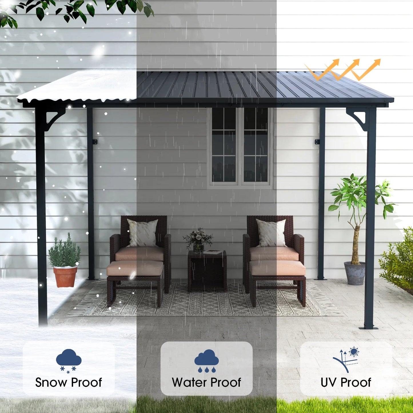 8' x 10' Outdoor Pergola Gazebo, Lean to Awnings Gazebos, Heavy Duty Hard Top Metal Pergola with Roof, for Patio, Backyard, Decks, Poolside