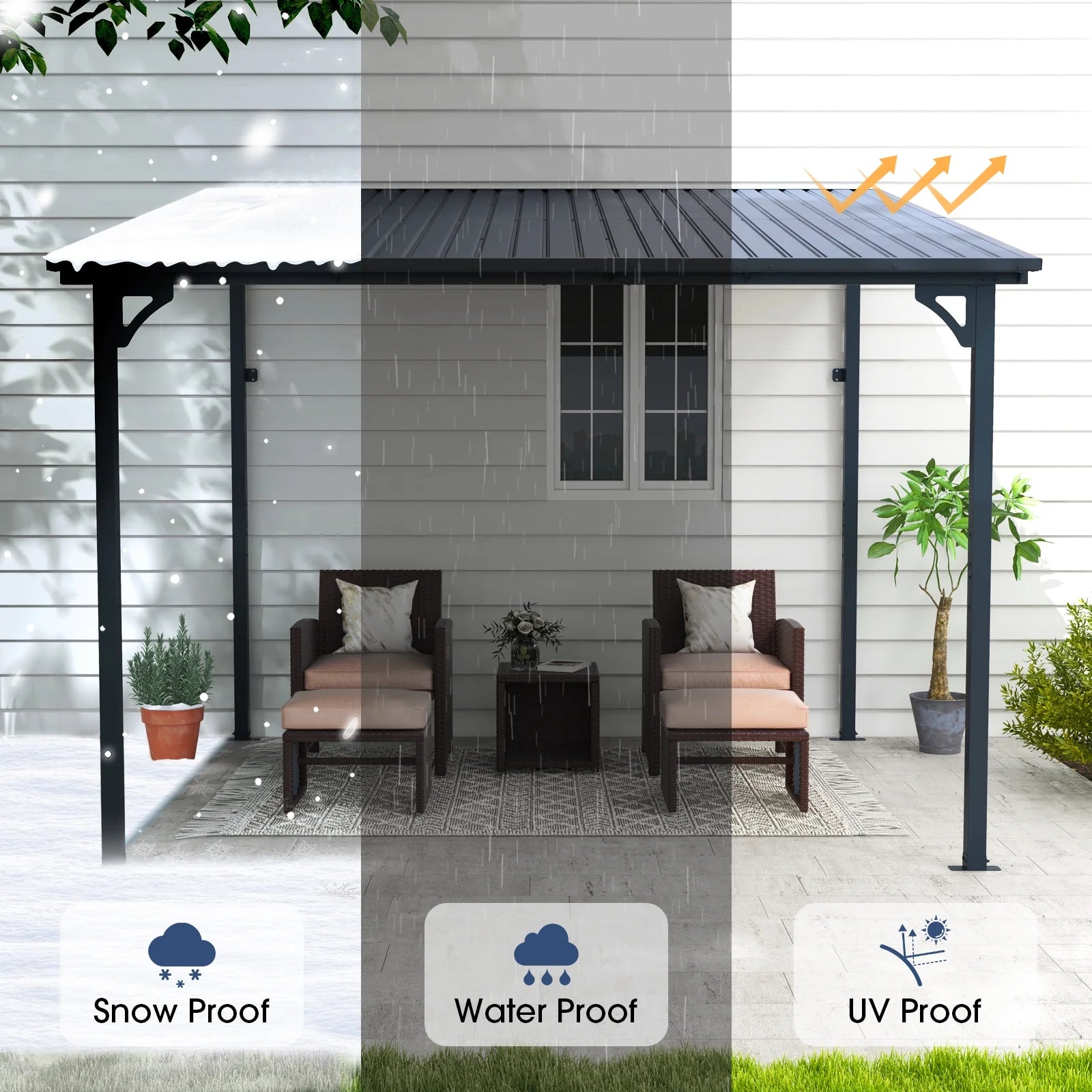 8' x 10' Outdoor Pergola Gazebo, Lean to Awnings Gazebos, Heavy Duty Hard Top Metal Pergola with Roof, for Patio, Backyard, Decks, Poolside