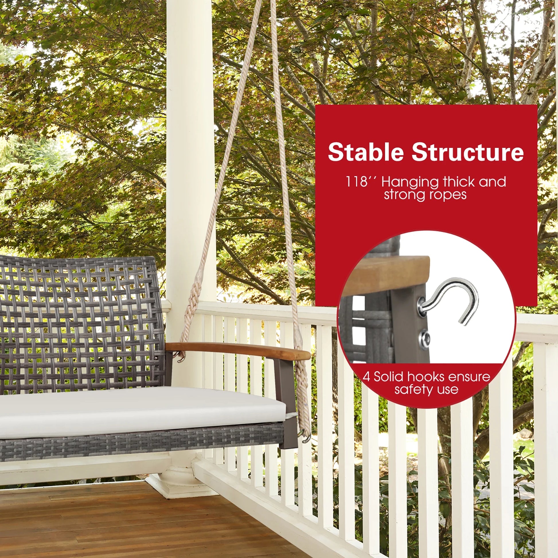 Gymax Rattan Patio Porch Swing 2-Person Cushioned Swing Chair Bench w/Hanging Ropes Off White
