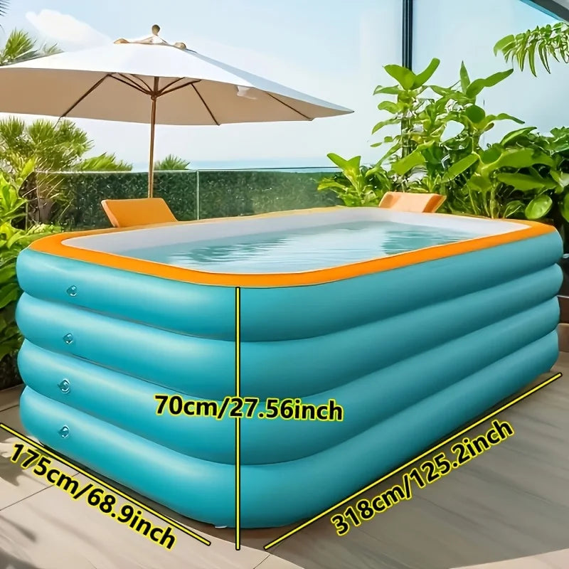 Super Large 3.1m 4-Layer Heightened & Thick Inflatable Swimming Pool - Foldable PVC Sunscreen Material, 4-Person Capacity, Blue & White Rectangular Design with Smooth Surface for Patio
