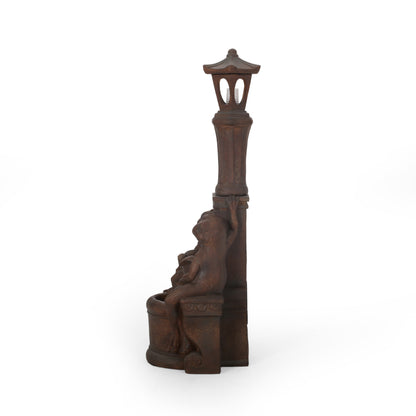 Coowa 37.25 Inch Outdoor Water Fountain with LED Lights, Faux Stone Two Tier Frog and Lamppost Design, Rustic Multi Brown, Weather Resistant for Garden and Patio
