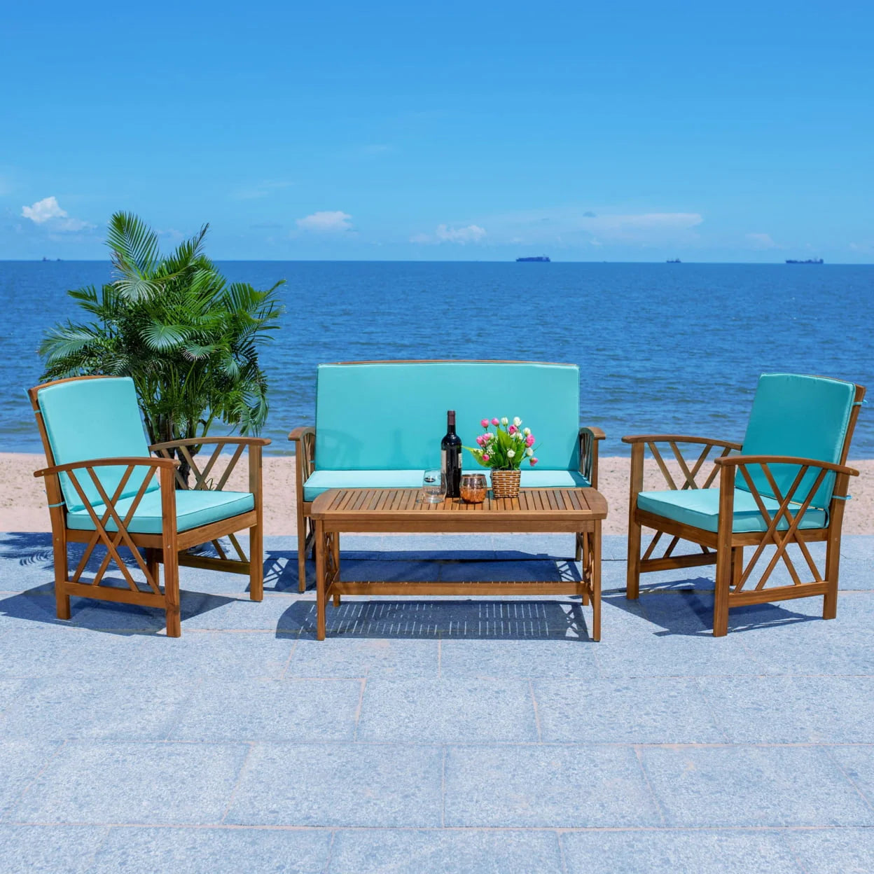 SAFAVIEH Outdoor Collection Fontana 4-Piece Patio Set Aqua Cushion