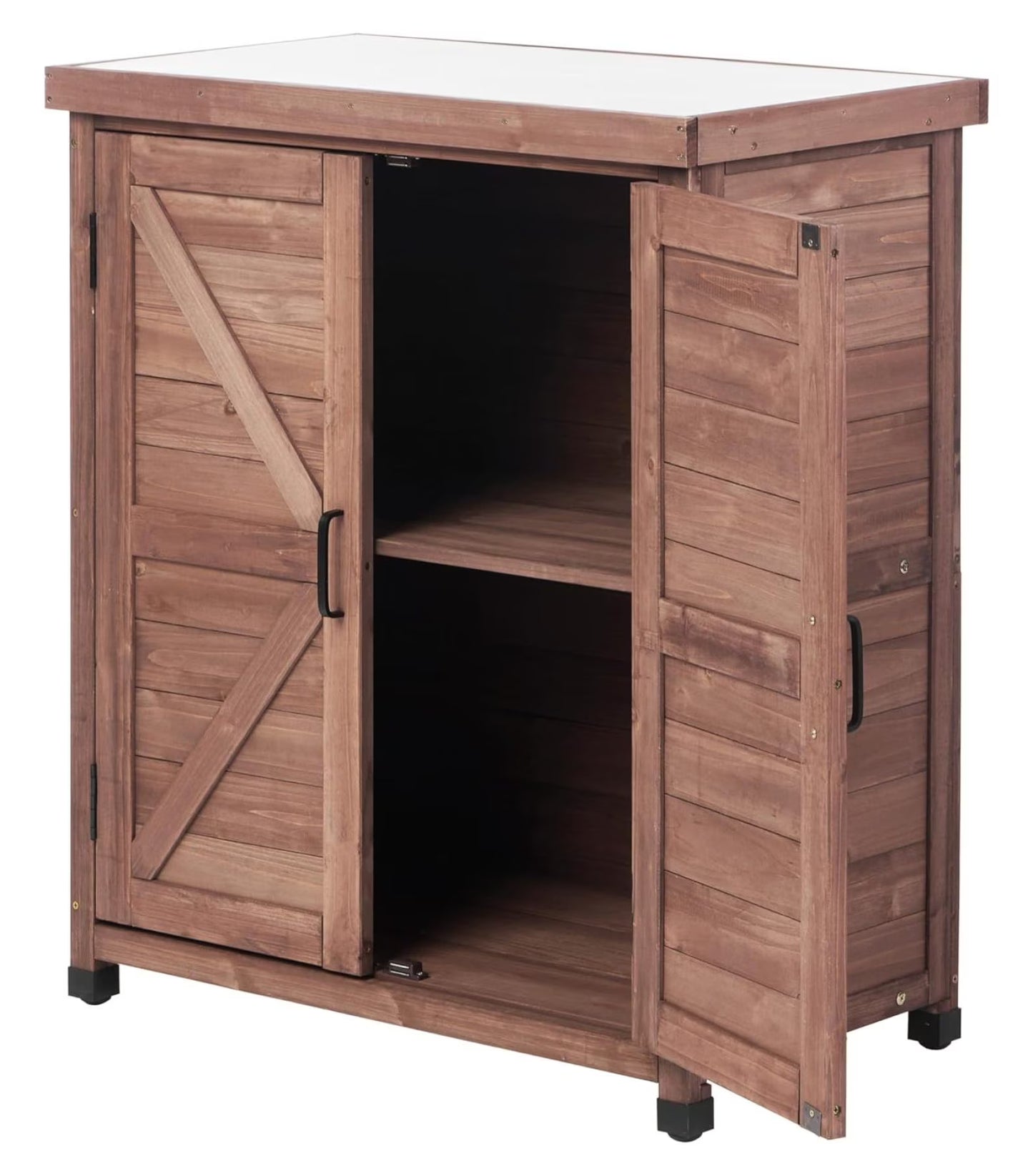 Outdoor Potting Bench with Storage Cabinet and Metal Top, Wood Workstation for Outdoor Patio, Garden