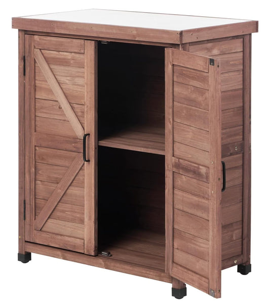 Outdoor Potting Bench with Storage Cabinet and Metal Top, Wood Workstation for Outdoor Patio, Garden