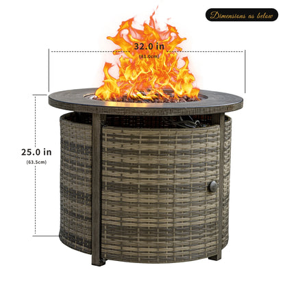 MistMo 32 Inch Round Propane Fire Pit Table with Lid, 50,000 BTU Outdoor Wicker Gas Fire Pit with Lava Rocks, Perfect for Patio, Yard, Dining, and Party