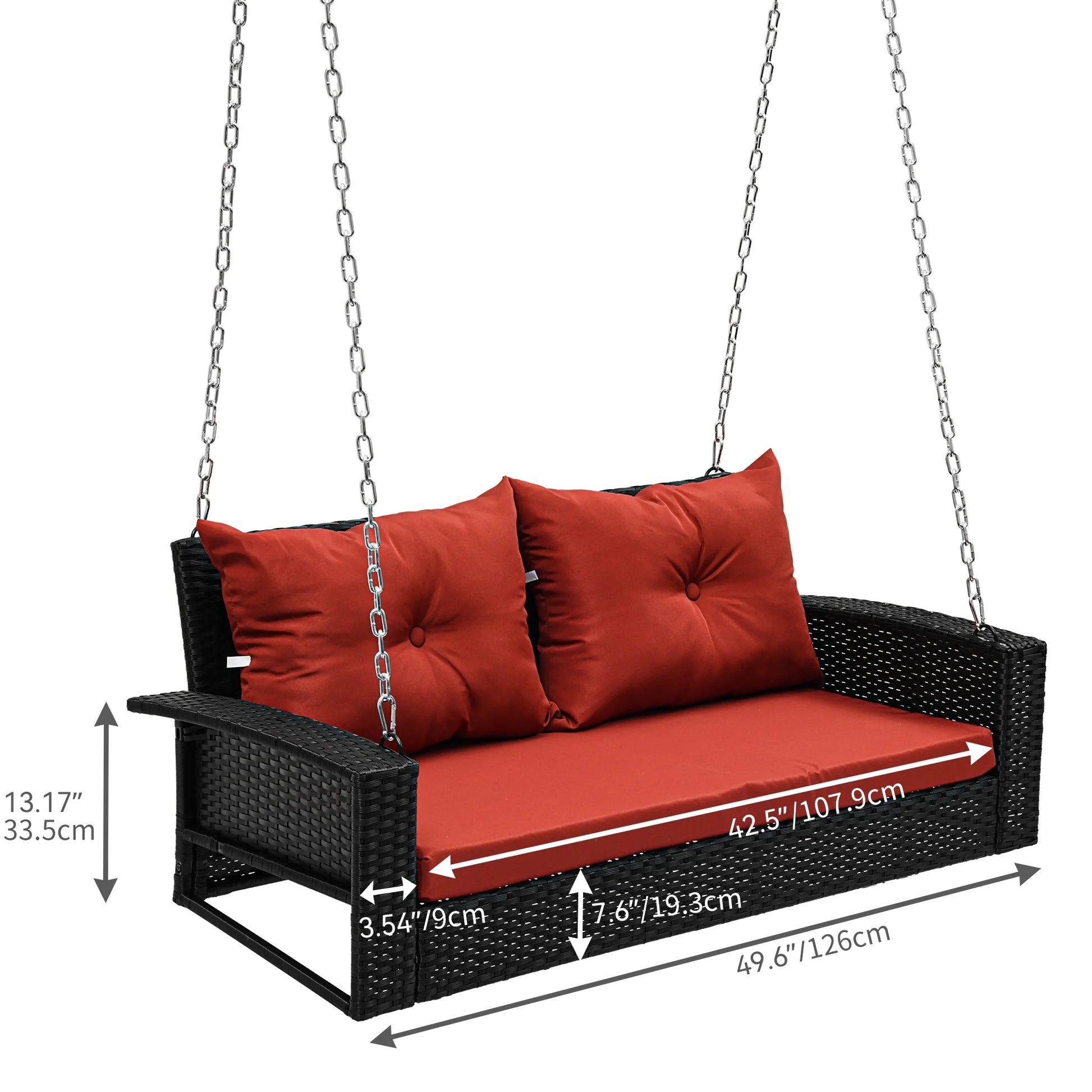 Dextrus 2-Seats Wicker Hanging Porch Swing Chair Outdoor Black Rattan Patio Swing Lounge w/2 Back Cushions Capacity 770lbs for Garden, Balcony, Living Room, Red